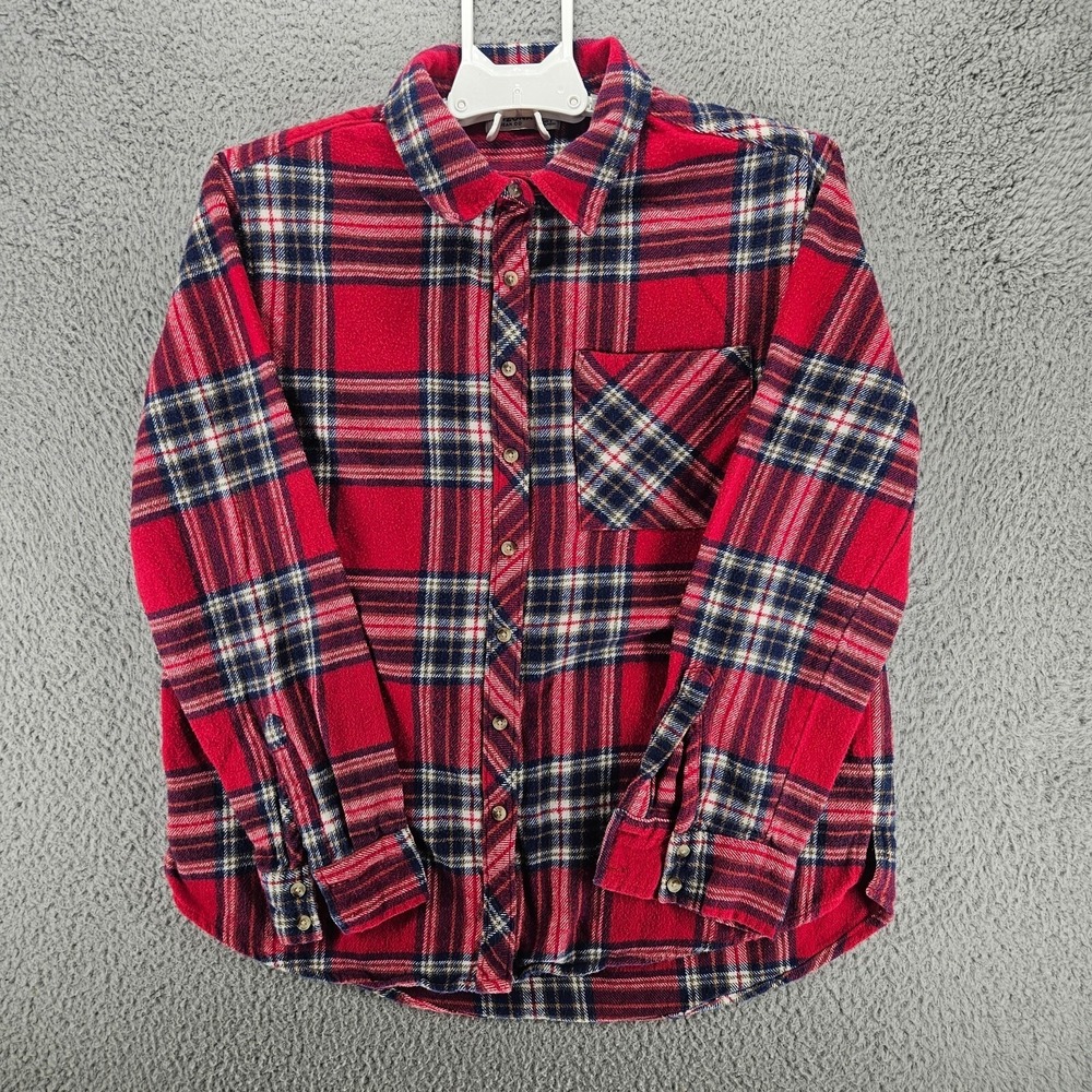 Arizona Jean Co Womens Red Blue Plaid Flannel Button Down Shirt Medium Cotton